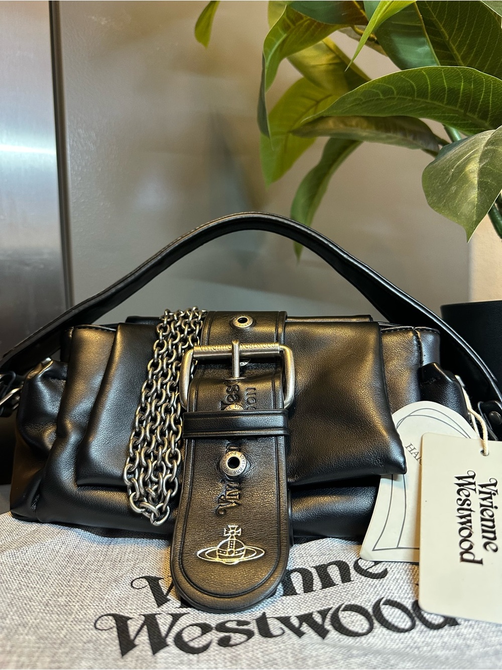 Y2K style westwood Black Leather Shoulder Bag with Chain
